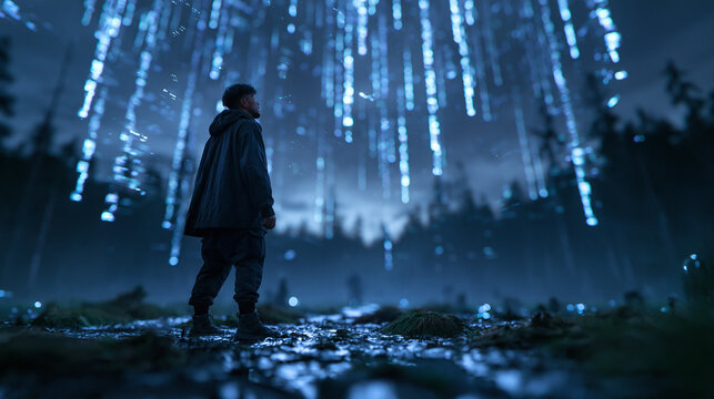 Man Standing Under Falling Digital Data Rain at Night
