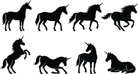 Fototapeta premium WebUnicorn Silhouette Collection with Magical Horses Running Standing Rearing and Resting Poses