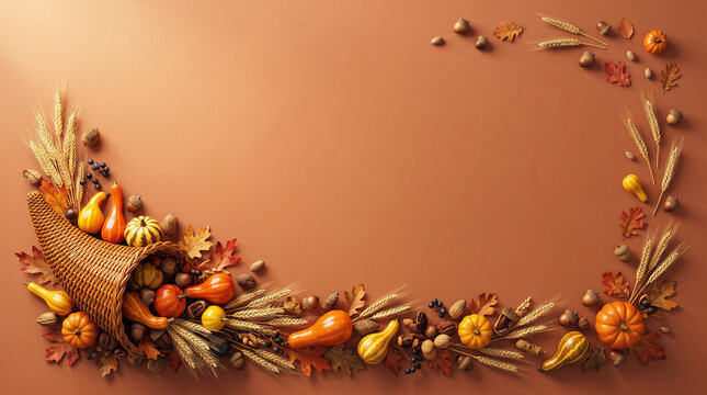 A festive thanksgiving cornucopia overflowing with colorful autumn gourds pumpkins and seasonal fall foliage arranged as a decorative border on a warm brown background surface