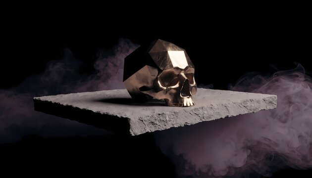 Gold geometric skull on concrete slab with purple smoke. Low poly metallic head. Dark moody atmospheric background. Halloween concept and memento mori. 3D render of death symbol