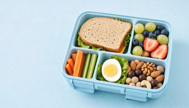 A light blue lunch box filled with healthy food like sandwich vegetables egg fruit and nuts on a blue background