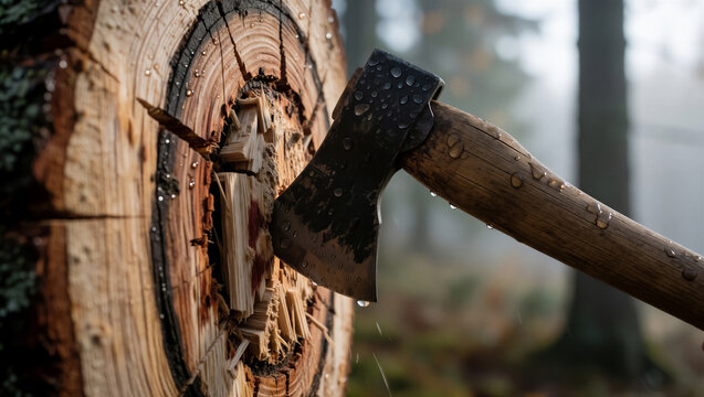 Close-up of a sturdy axe stuck in a wet log, covered in glistening raindrops. This rugged outdoor scene highlights the natural texture and strength of wood and tool in the forest