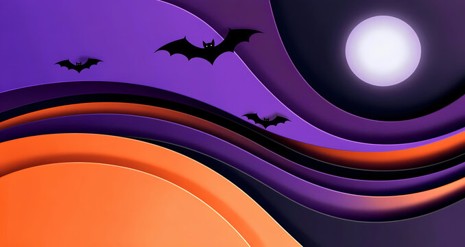 Scary Halloween Night Background Vector Template, Purple Sky, Dark Gradient Wave, Creative Full Moon, Black Bat Silhouettes, Orange Pumpkin Color