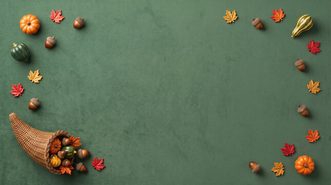 A festive autumn harvest cornucopia filled with seasonal vegetables and colorful fall leaves arranged as a decorative border on a dark green textured background surface