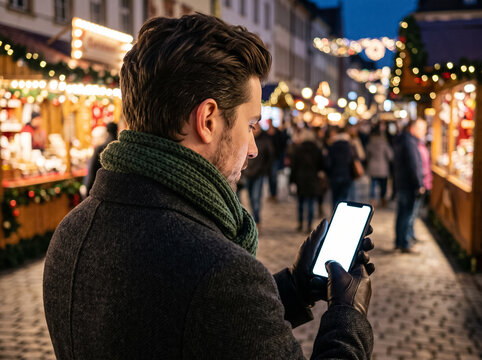 man from behind looking at the glowing screen of a smartphone at a christmas fair with lights and garlands demonstrating the use of a mobile application map and services