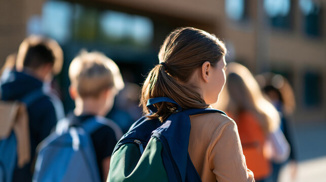group of schoolchildren with backpacks walking toward a bright school building entrance, rear view with faces out of frame, clean daylight exterior, back to school, walking to