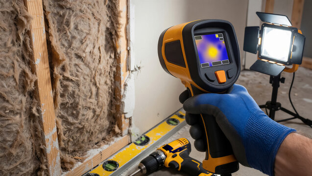 Close-up of a blue glove holding a thermal camera to inspect wall insulation. A professional energy audit tool detects heat loss during a building renovation