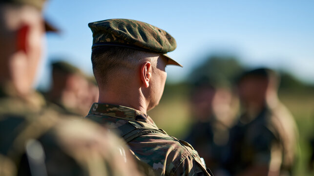 confident group of soldiers in camouflage uniform gathered for an outdoor training session on a bright sunny field, captured from behind with faces out of frame, clear sky and