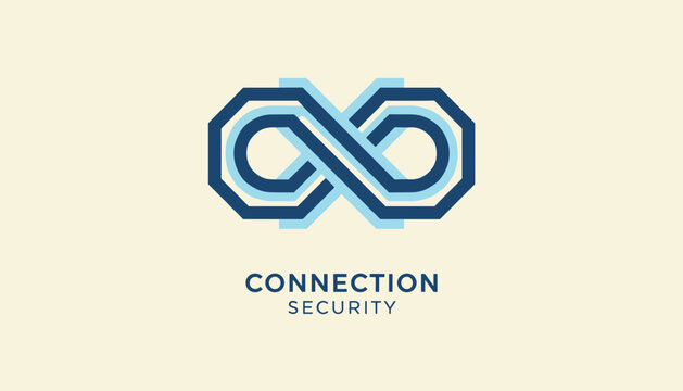 Minimalist connection security logo concept featuring interlocking blue infinity loops on a light cream background.