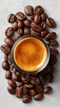 Top view of a glass cup of espresso surrounded by roasted coffee beans on a textured grey background.