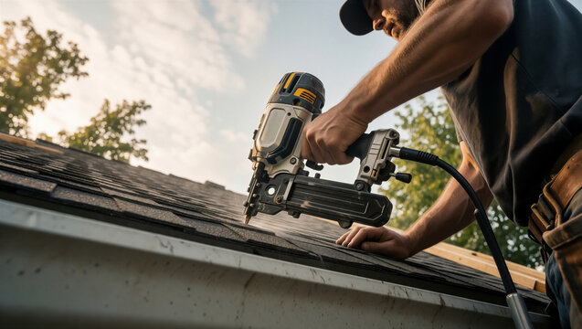 A professional contractor installs asphalt shingle on a residential roof using a pneumatic nail gun. The worker performs home renovation under a bright sky