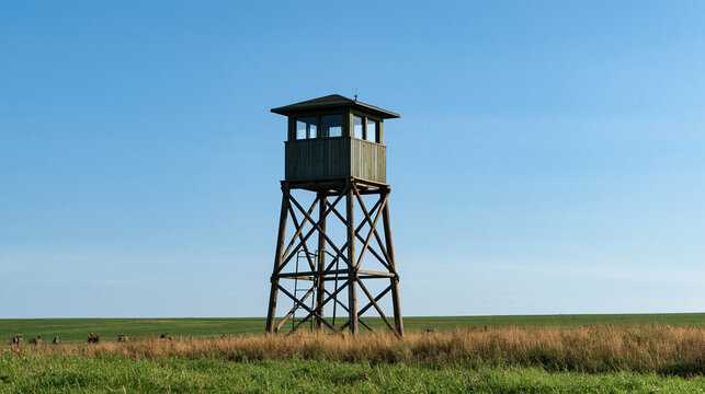 wooden watchtower standing tall in an open training field under a bright clear sky, wide daylight landscape view, clean sunny atmosphere with green terrain, military training