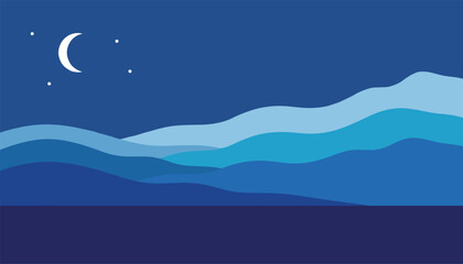 Fototapeta premium Beautiful modern vector night landscape showing layered blue hills and deep sea under a crescent moon with stars.