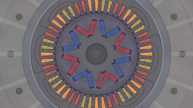 EV Traction Motor Cross Section With Three Phase Rotating Field and Flux Density Contours, Seamless Loop in vibrant gray tones