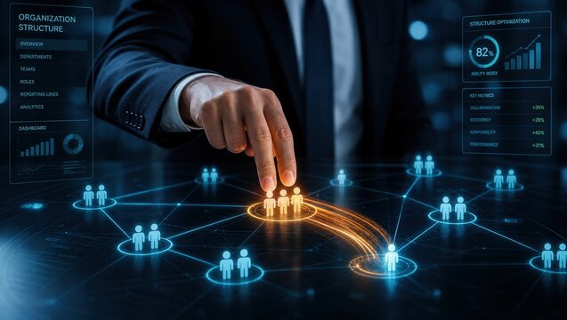 Businessman hand managing organization structure on digital hologram interface featuring virtual workforce networking and agility index dashboard for HR technology and corporate management strategy.