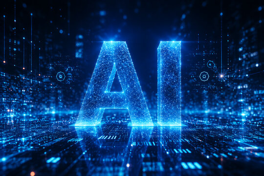 Glowing blue AI letters constructed from wireframe digital mesh network floating over futuristic illuminated circuit board background representing advanced artificial intelligence architecture