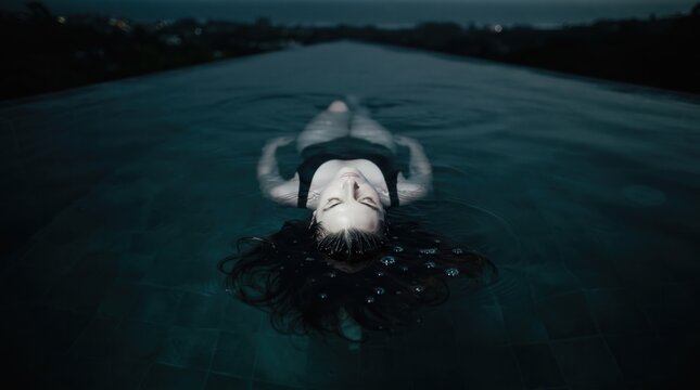 Young woman floating in an infinity pool at night capturing serene solitude and deep relaxation, ideal for luxury travel resort promotion and mental health wellness marketing.