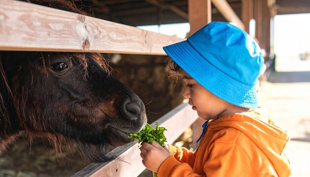 Child Feeding Horse with Greens in a Sunny Stable