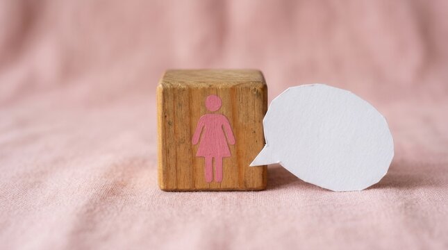 Woman's voice symbol on wooden cube with speech bubble, representing communication, opinion, and female empowerment, against soft pink background.