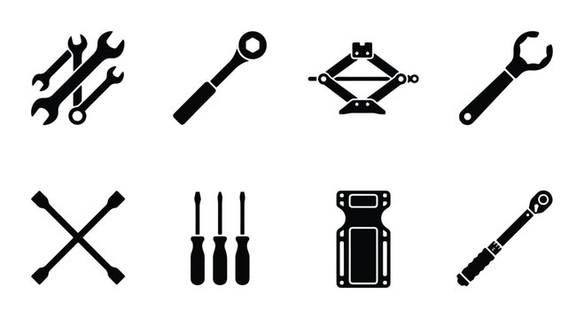Automotive Repair Tool Icons: Wrench, Ratchet, Jack, Screwdriver, Lug Wrench, Torque Wrench Set