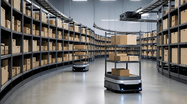 Modern automated warehouse interior with robot delivery carts.