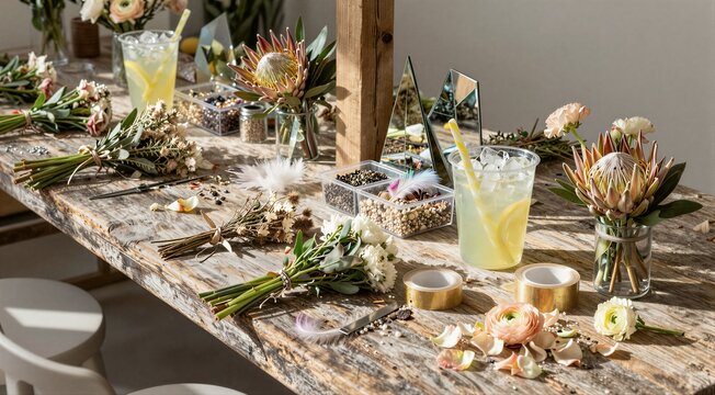 Floral workshop arranging bouquets on rustic wooden table