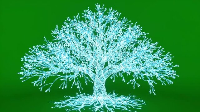Three glowing blue digital trees with intricate root systems against a solid green background