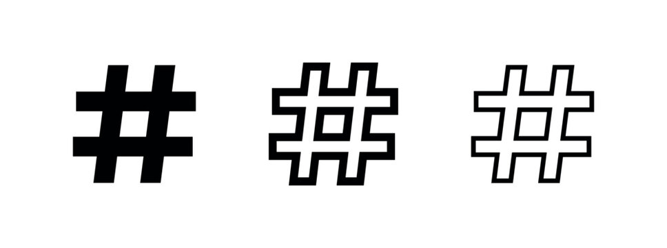 Hashtag icon set. Social media, tag, and trending symbol. Pound sign for digital content.
