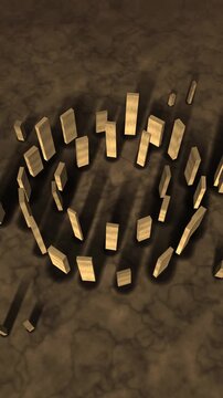 Ancient Stone Circle of Standing Monoliths, Slow Orbiting Aerial View With Parallax, Seamless Loop in subtle amber tones vertical 9:16