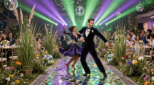 Dance couple performing on mirrored runway in ballroom gala