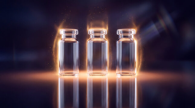 Three empty medical glass vials standing on a glowing surface in a dark laboratory setting.
