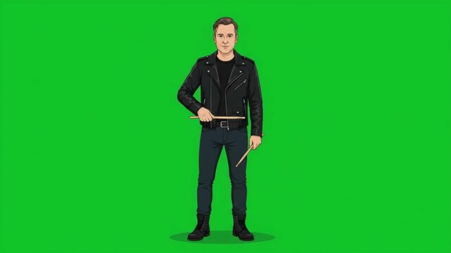 Young male drummer in a black leather jacket holding drumsticks, standing on a green screen.