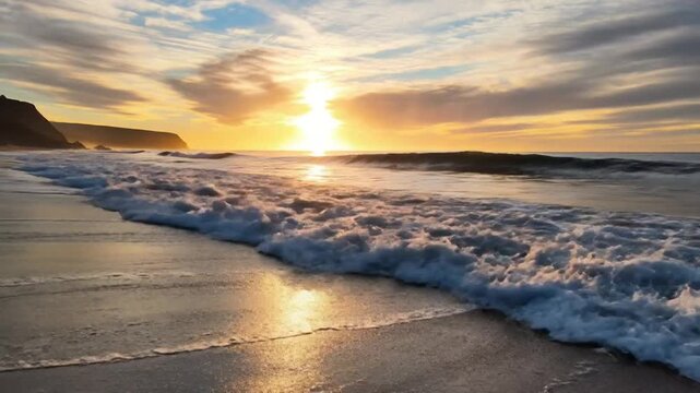 Sunset Serenity on the Shore: Golden sunlight paints the sky in a breathtaking display, casting a warm glow over gentle ocean waves lapping at a sandy beach.