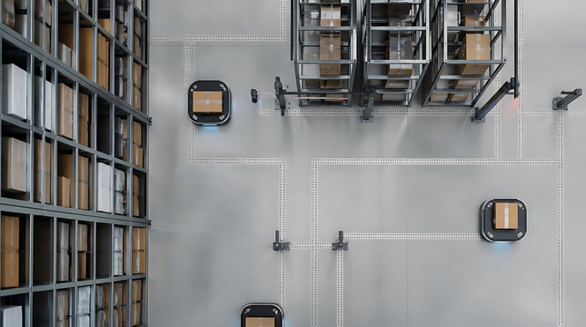 Automated warehouse with shelving and autonomous robots.