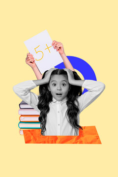 Poster photo vertical collage of shocked nerd girl hands hold paper sheet best mark test book stack education excellent bookworm