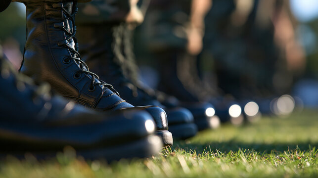 rows of polished combat boots standing at attention in formation on a bright outdoor parade ground, close-up ground level composition with no faces in frame, clean daylight and