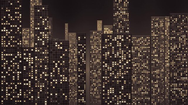 Night City Window Grid Layers Panning Sideways With Depth Parallax, High Rise Skyline Seamless Loop in vibrant amber tones
