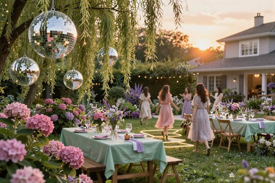Women dancing in garden under hanging disco balls at sunset