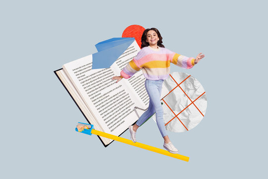 Trend composite sketch template 3D photo collage of young lady walk pencil balance open book page student learn lesson classroom college