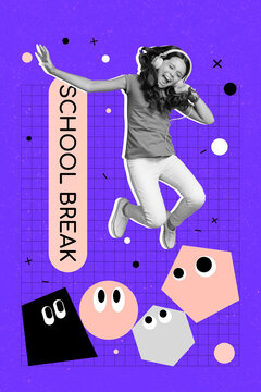 3D collage trend artwork composite poster of illustration education fall school break young girl fly jump listen playlist music headphones