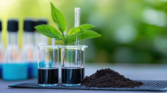 Soil chemistry test with plants in beakers, showcasing growth and experimentation in laboratory setting