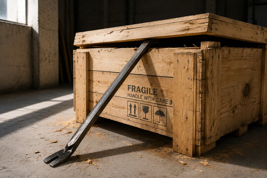 Steel pry bar opening wooden shipping crate lid, tools and construction concept