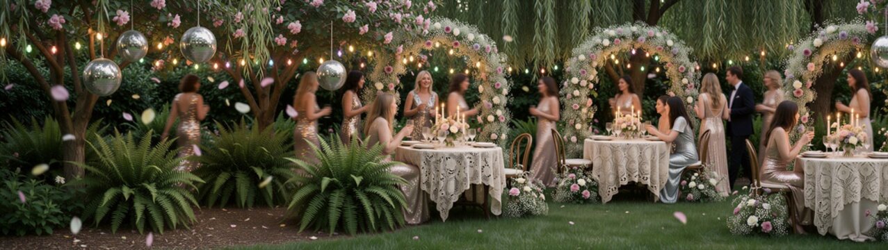 Group women dining and socializing at garden archway tables