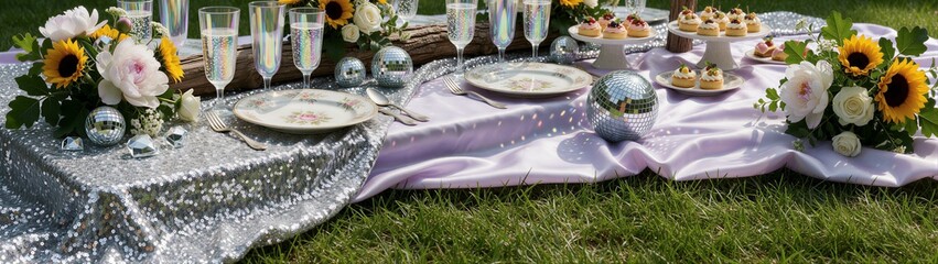 Fototapeta premium Outdoor picnic table set with dishes and floral decor on grass