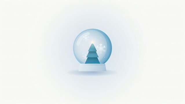 Minimalist snow globe featuring a stylized blue evergreen tree and white snowflakes on white background with background with background