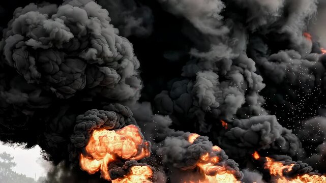 Massive explosion creating thick black smoke and bright fire. Intense blast with turbulent clouds. Devastating war destruction and dangerous conflict zone scenario.