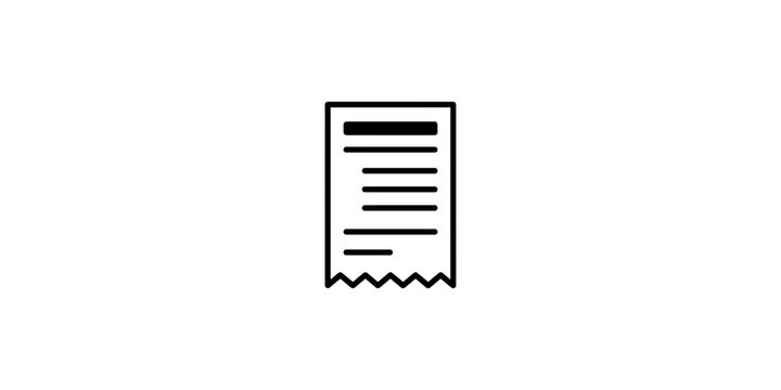 Minimalist black and white vector illustration of a paper receipt or shopping bill icon isolated on a white background, perfect for financial, retail, and commercial business design projects.