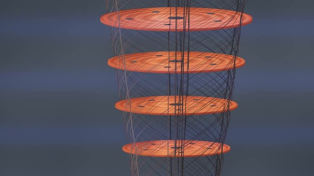 Rotating Gold Plate Stack of a Quantum Computer Dilution Refrigerator With Spiraling Coaxial Cables, Seamless Loop in subtle copper tones