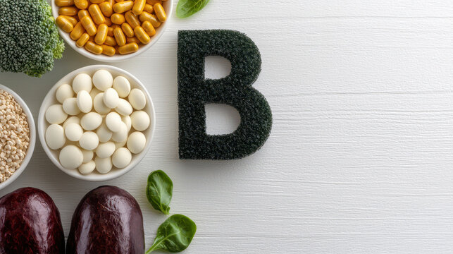 Nutrient rich foods and supplements arranged artistically, featuring prominent letter B symbolizing Vitamin B. This composition highlights health