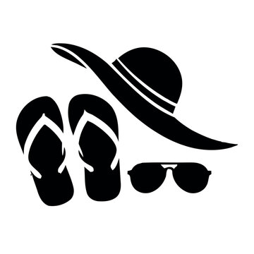 Summer Beach Vacation Accessories with Sun Hat, Flip Flops, and Sunglasses Silhouette